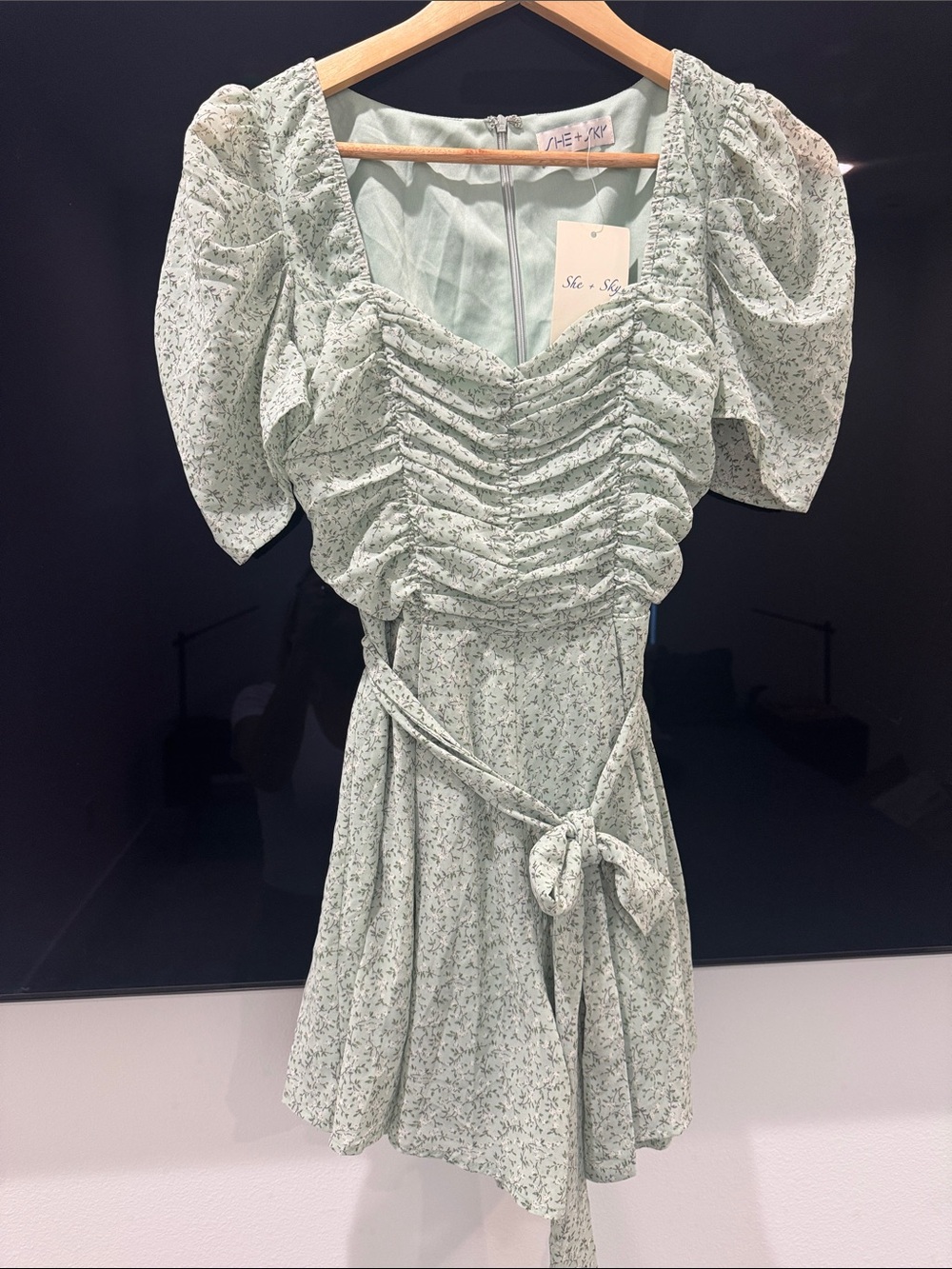She + Sky Mint Green Floral Ruched Puff-Sleeve Romper
